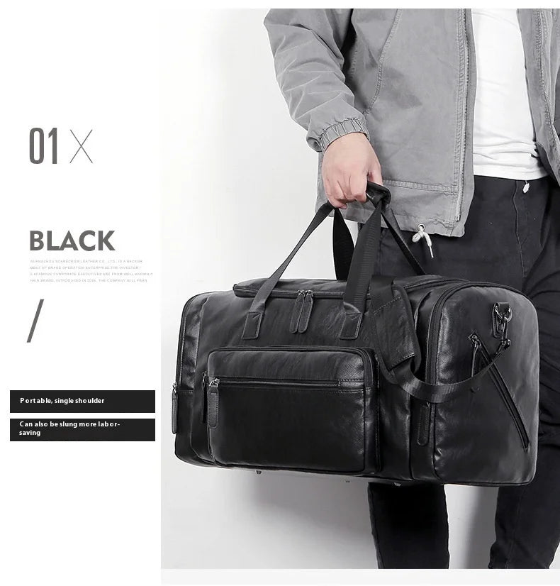 Geestock Business Men PU Leather Gym Duffel Bag Large Capacity Sports Travel Tote Handbag For Male Fitness Vintage Luggage Bag