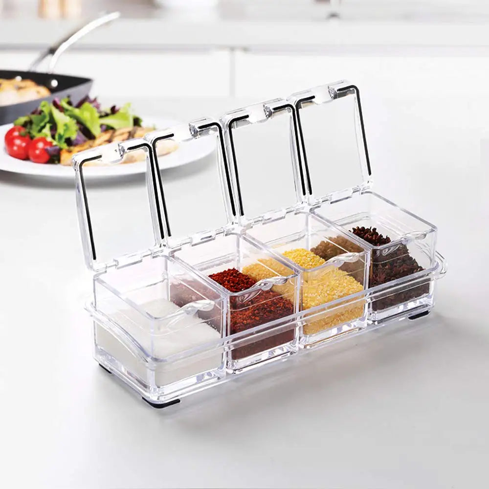 Kitchen Accessories Gourmet Acrylic Seasoning Box with 4 Serving Spoons Spice Jar Set Condiment Cruet Bottle Kitchen Supplies