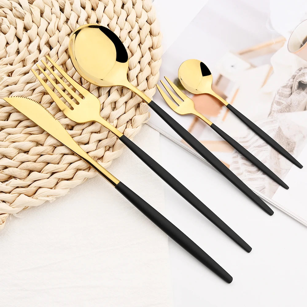 30Pcs White Gold Cutlery Set Stainless Steel Tableware Knife Cake Fork Spoon Dinnerware Set Kitchen Flatware Silverware