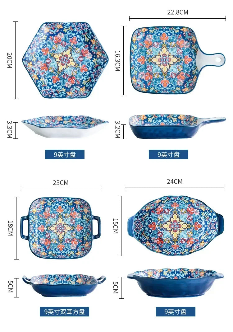 Bohemia Ceramic Rice Bowl Serving Plate Creative Ceramic Cutlery Soup Noodle Bowl Household Handle Bowl Sauce Dish