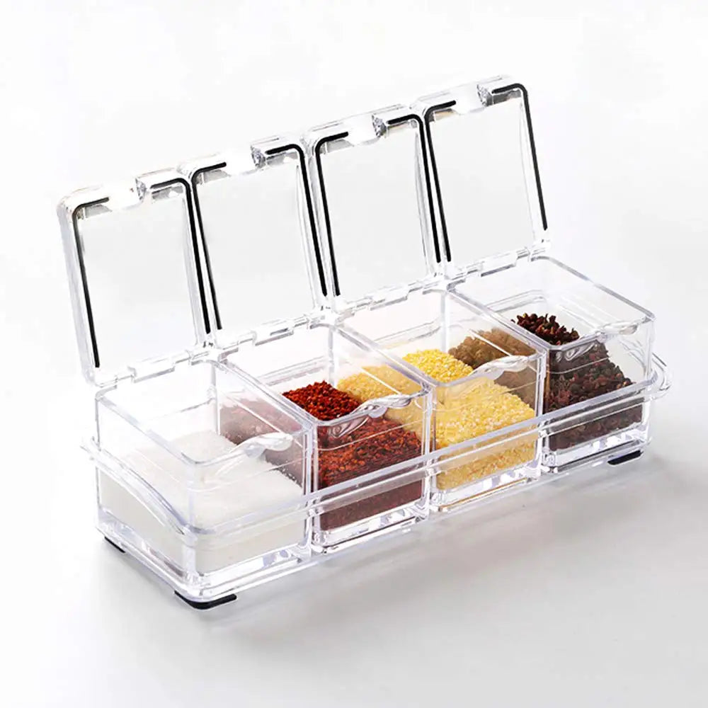Kitchen Accessories Gourmet Acrylic Seasoning Box with 4 Serving Spoons Spice Jar Set Condiment Cruet Bottle Kitchen Supplies