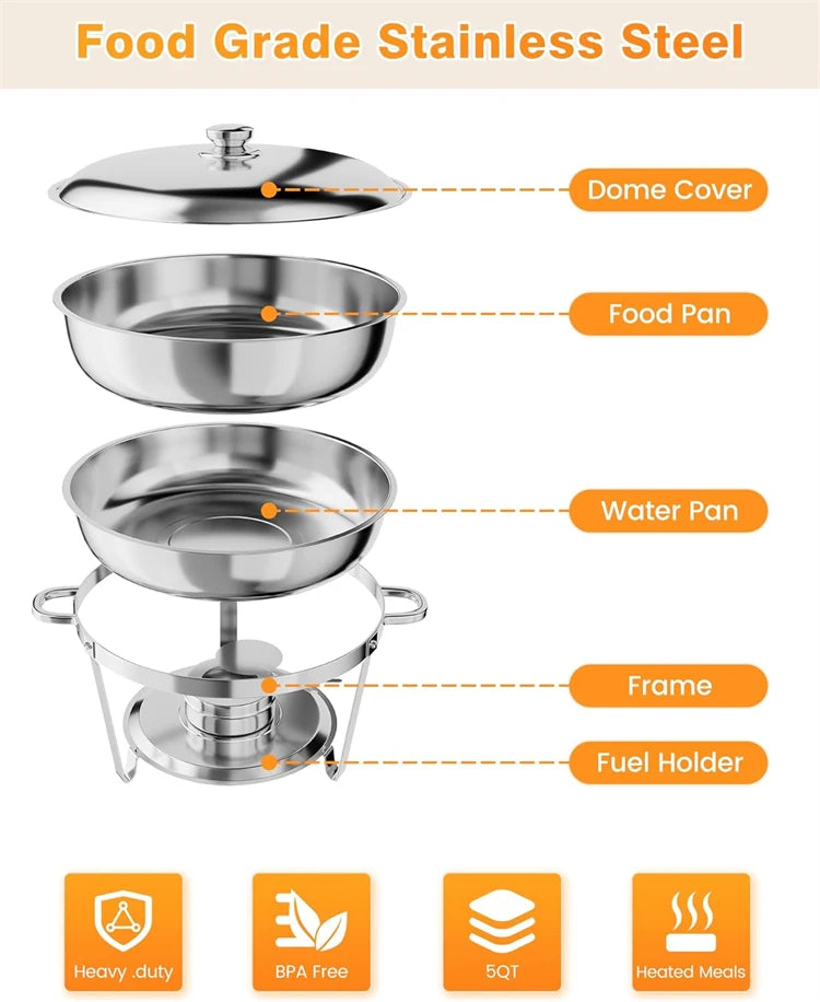 Chafing Dish Buffet Set 5QT Stainless Steel Round Chafing Dishes for Buffet With Lid Buffet Servers and Warmers for Party