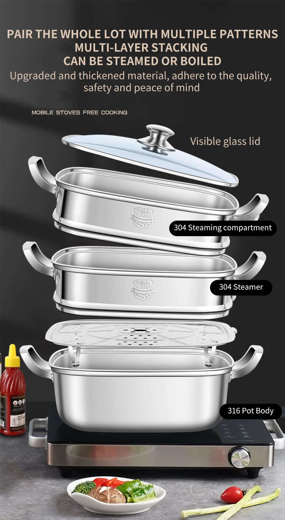 Household Square Steamer 316 Stainless Steel Thickened Three-Layer Steamer Tray Multifunctional for Gas & Electromagnetic Use