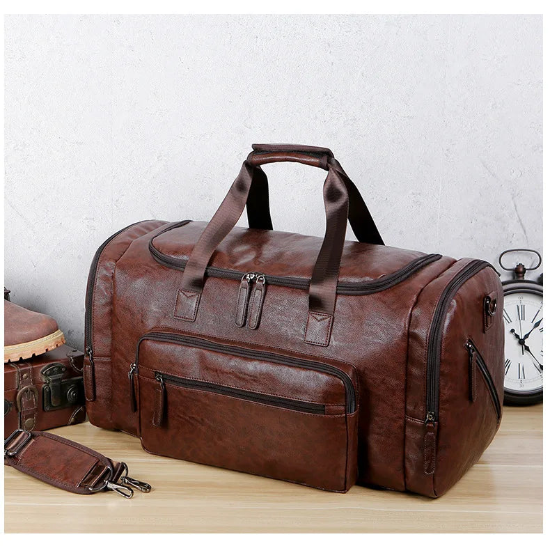 Geestock Business Men PU Leather Gym Duffel Bag Large Capacity Sports Travel Tote Handbag For Male Fitness Vintage Luggage Bag