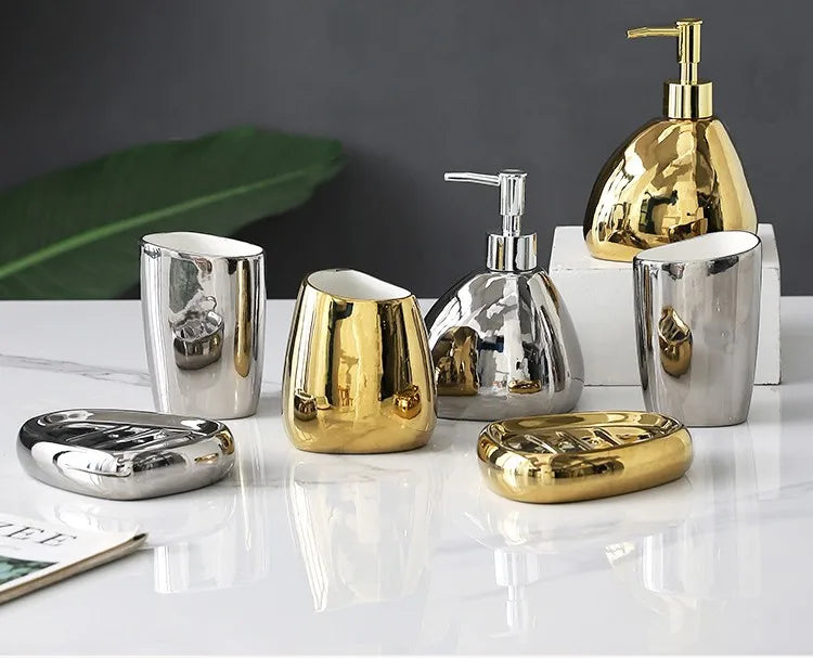 Silver Bathroom Accesssories Set Ceramics Liquid Soap Dispenser Home Decortion China Porcelain Washroom Kit for Soap Box