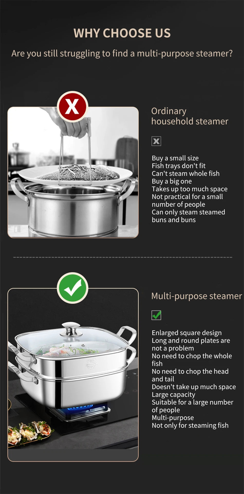 Household Square Steamer 316 Stainless Steel Thickened Three-Layer Steamer Tray Multifunctional for Gas & Electromagnetic Use