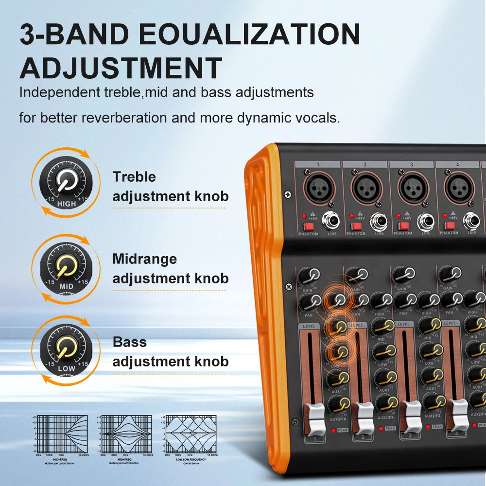 LEUS BL4/6 Channel 99 DSP Effect Audio Mixer Record PC 48V Phantom Power USB Sound Mixers Bluetooth DJ Console Mixing for Karaok