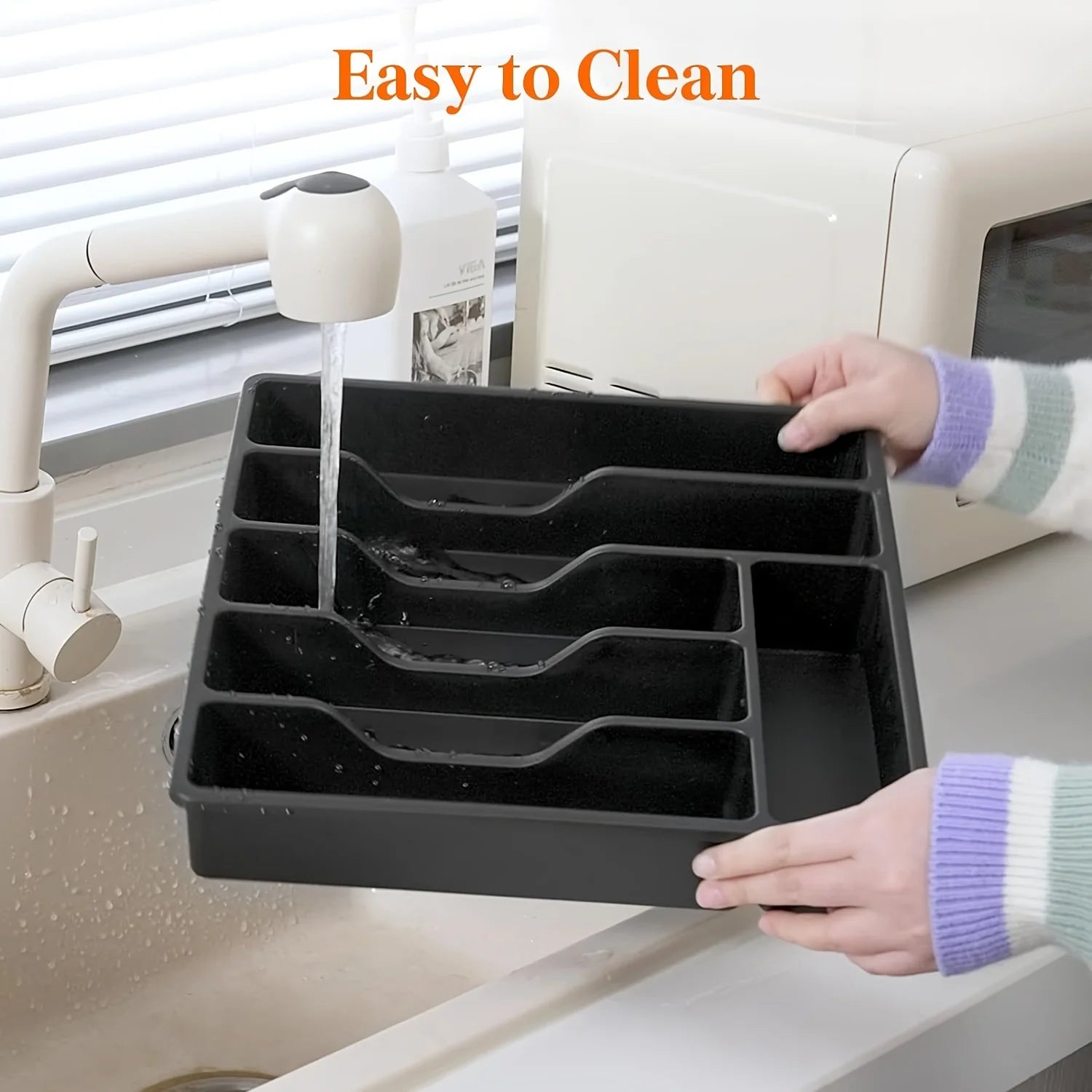 Silverware Organizer with Lid, Covered Utensil Tray for Kitchen Drawer and Countertop, Plastic Cutlery and Flatware Storage Box