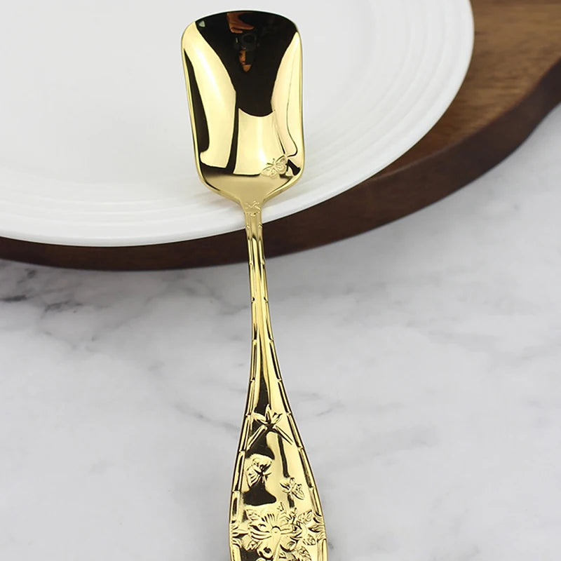 17 Cm Flat Bottom Spoon Stainless Steel Square Dinner Spoons Stirring Spoon Long Handle Drink Spoon For Ice Cream Dessert