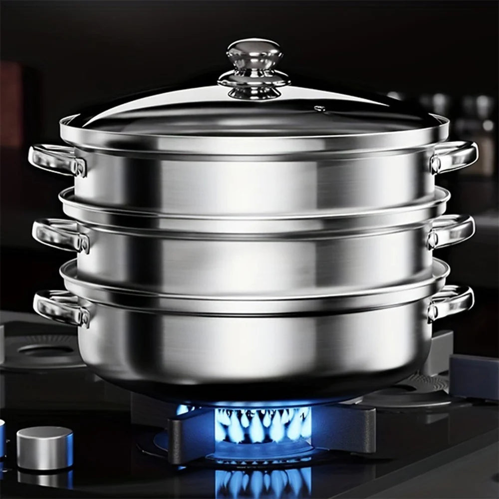 1pc 2/3 three-layer Stainless Steel Steamer, Thickened Material, Durable And Easy To Wash!