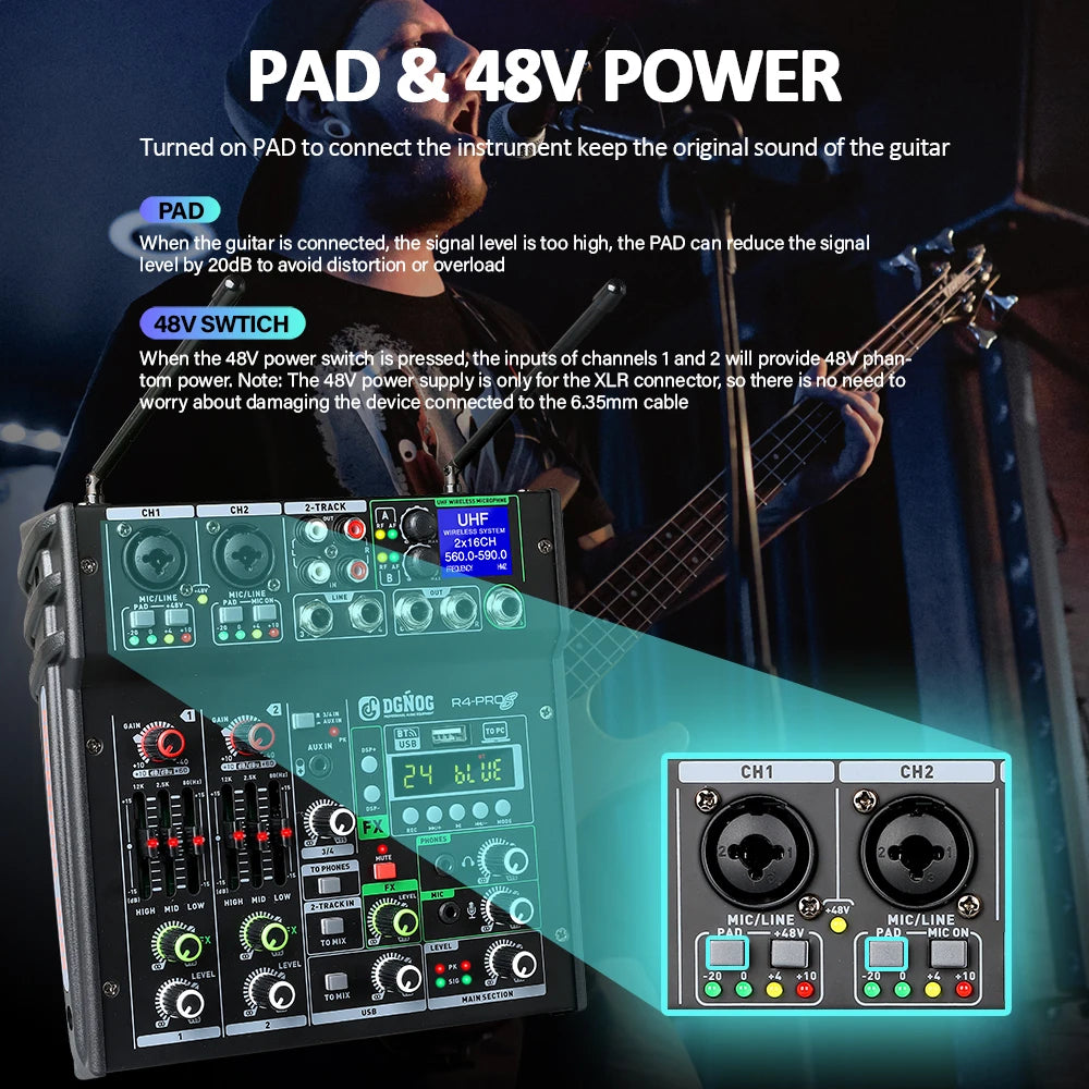 4 Channel Karaoke Audio Mixer with Dual UHF Wireless Microphone USB Bluetooth DJ Mixer for Party Computer Studio Recording DGNOG