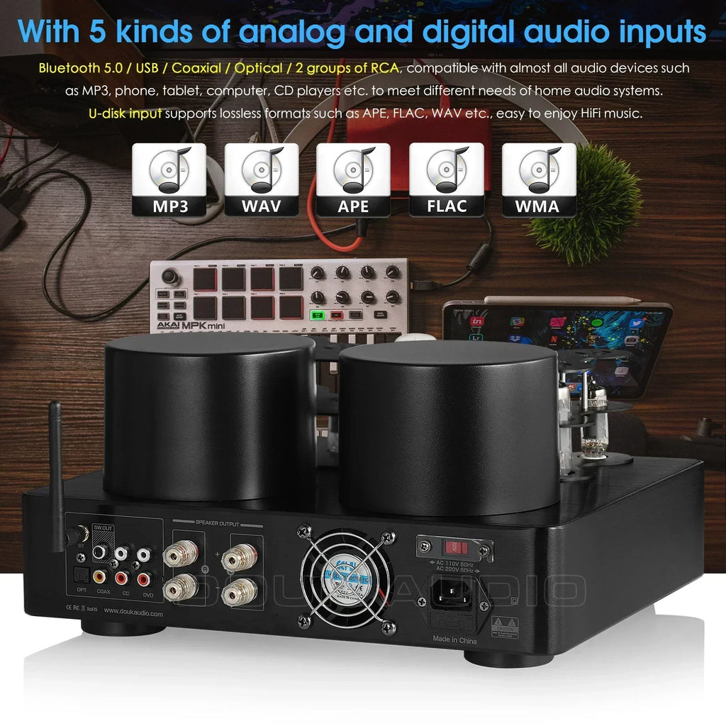 Nobsound HiFi Hybird Stereo Valve Tube Amplifier Bluetooth 5.0 Audio Receiver COAX / OPT Power Amp USB Player