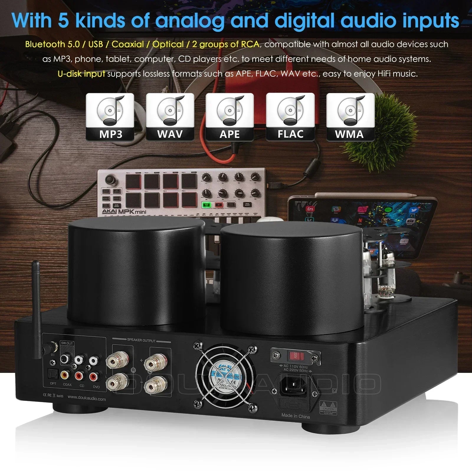 Nobsound HiFi Hybird Stereo Valve Tube Amplifier Bluetooth 5.0 Audio Receiver COAX / OPT Power Amp USB Player