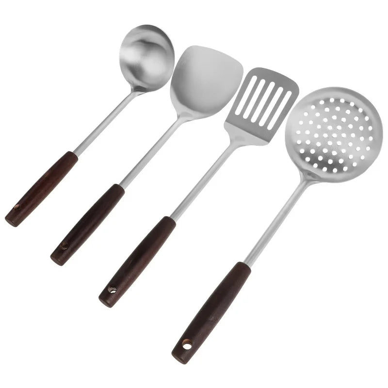 Stainless Steel Wooden Handled Kitchen Utensil Kit with Long Spatula Ladle Slotted Skimmer Spoon for Wok Stir Frying And Soup Co