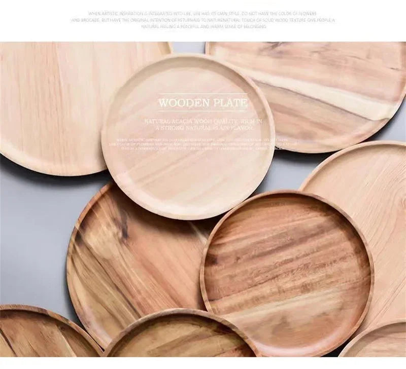 15/20/25cm Wooden Round Serving Platter Tray Retro Wood Pizza Salad Plate Fruit Dessert Tray Bread Cake Container Snacks Dish