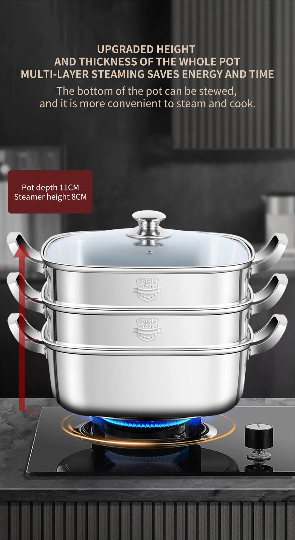 Household Square Steamer 316 Stainless Steel Thickened Three-Layer Steamer Tray Multifunctional for Gas & Electromagnetic Use