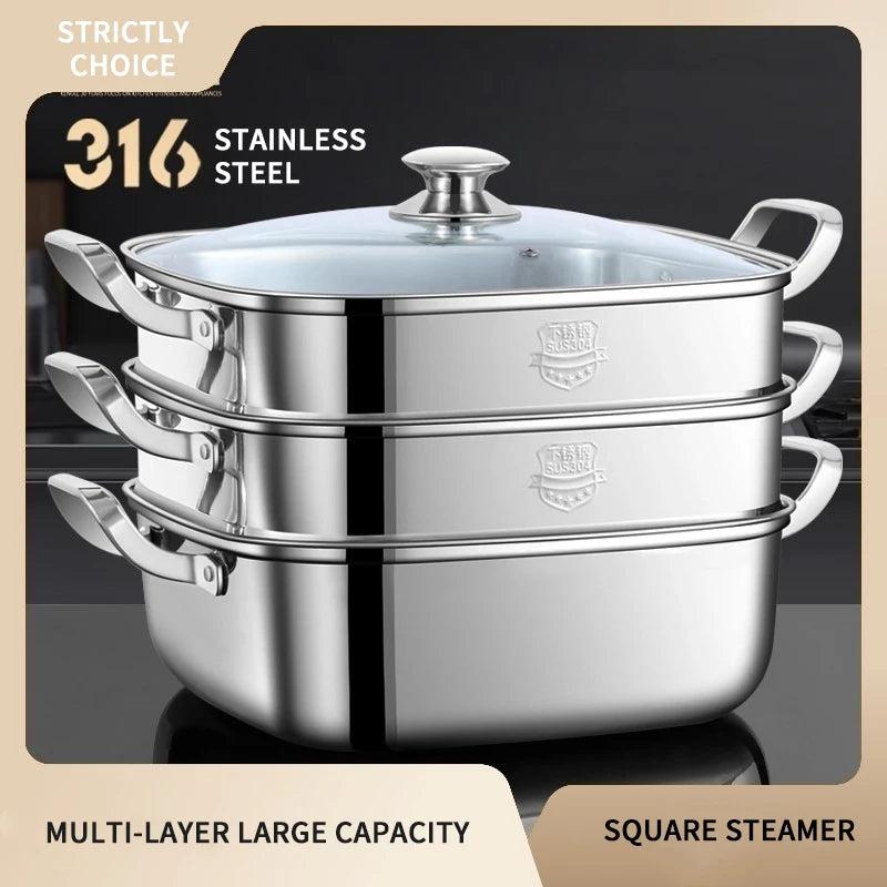 Household Square Steamer 316 Stainless Steel Thickened Three-Layer Steamer Tray Multifunctional for Gas & Electromagnetic Use