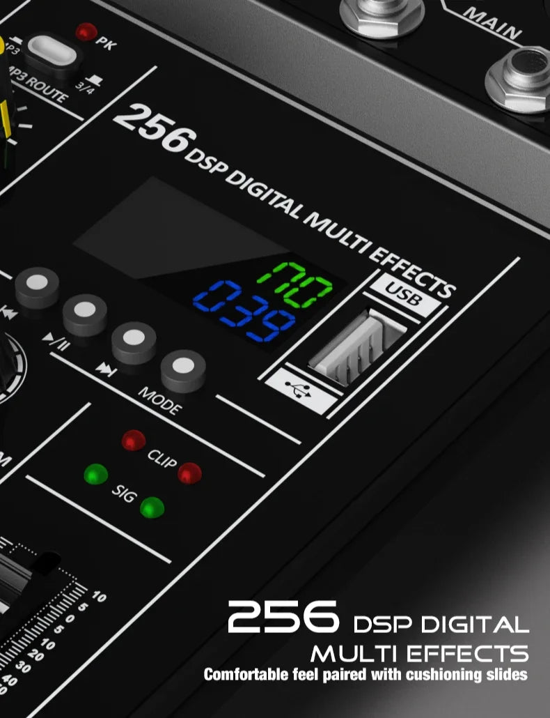 Audio Interface Mixer with Bluetooth USB Recording Computer 48V Phantom Power Delay Replay Effects, 4-Channel Audio Mixer ﻿