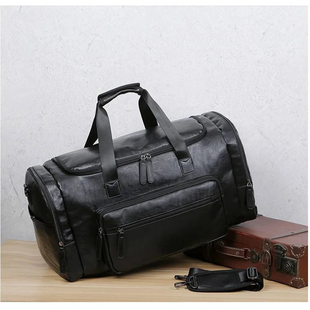 Geestock Business Men PU Leather Gym Duffel Bag Large Capacity Sports Travel Tote Handbag For Male Fitness Vintage Luggage Bag