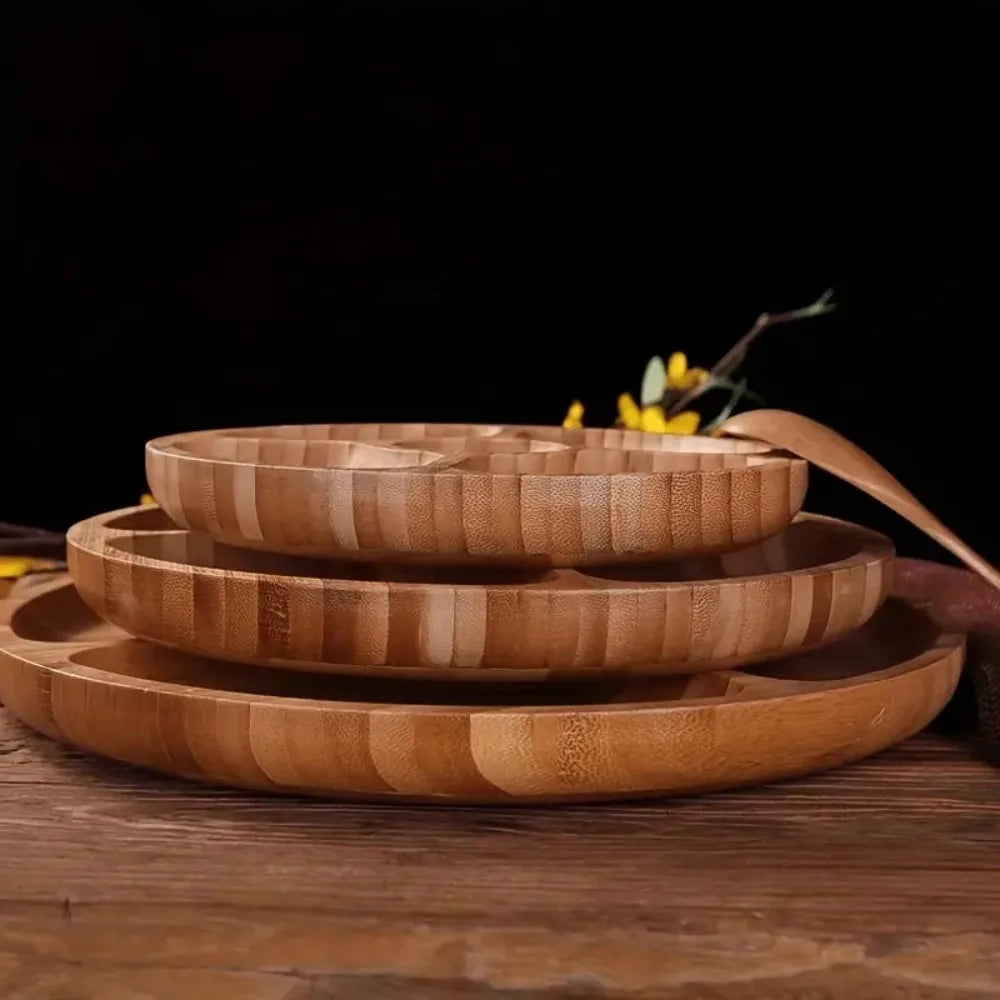 Party Dishes 5 Compartments Round Snack Plate Bamboo 20/25/30cm Divided Serving Trays Appetizer Tray Fruit Platter Hotel